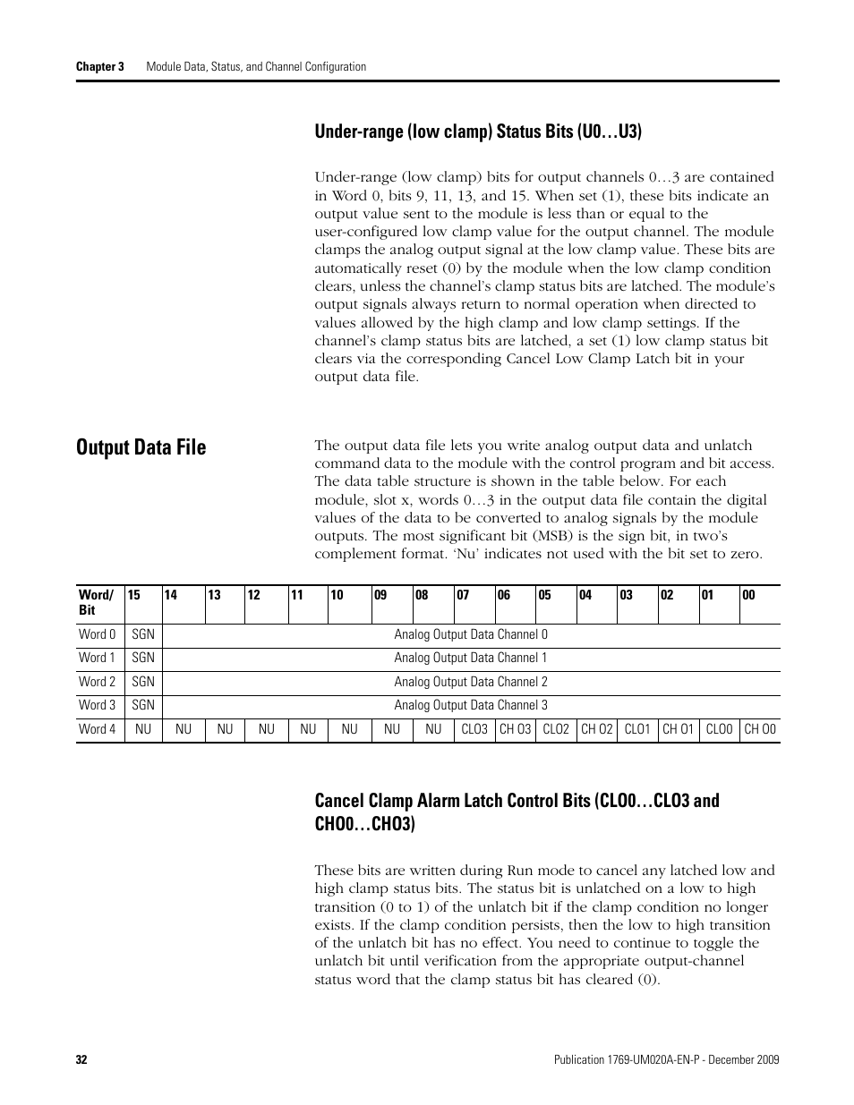 Output data file, Under-range (low clamp) status bits (u0…u3), Cancel clamp alarm latch control bits (clo0…clo3 | And cho0…cho3) | Rockwell Automation 1769-OF4 Compact Analog Output Module User Manual | Page 32 / 76