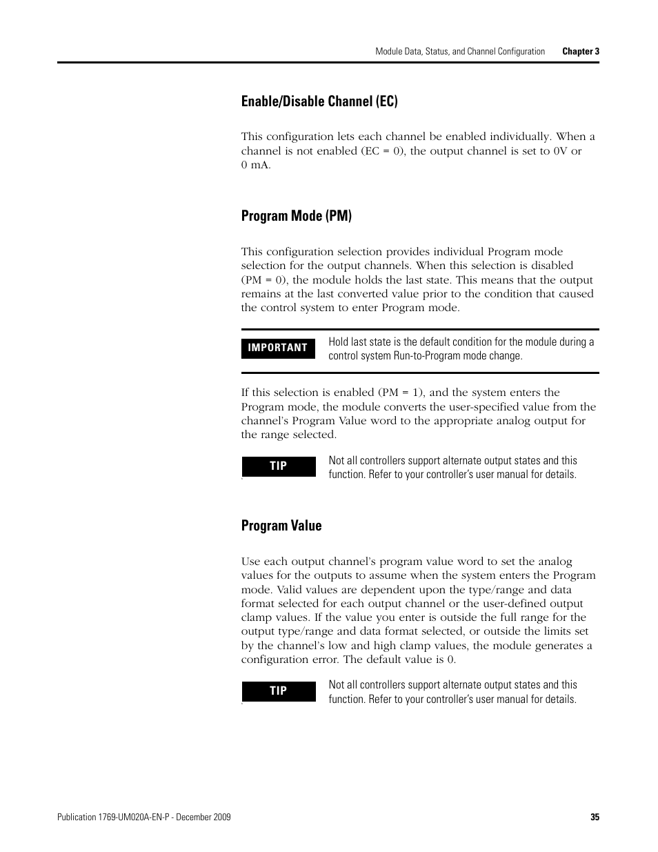 Enable/disable channel (ec), Program mode (pm), Program value | Rockwell Automation 1769-OF4 Compact Analog Output Module User Manual | Page 35 / 76