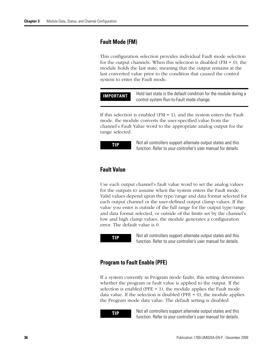 Fault mode (fm), Fault value, Program to fault enable (pfe) | Rockwell Automation 1769-OF4 Compact Analog Output Module User Manual | Page 36 / 76