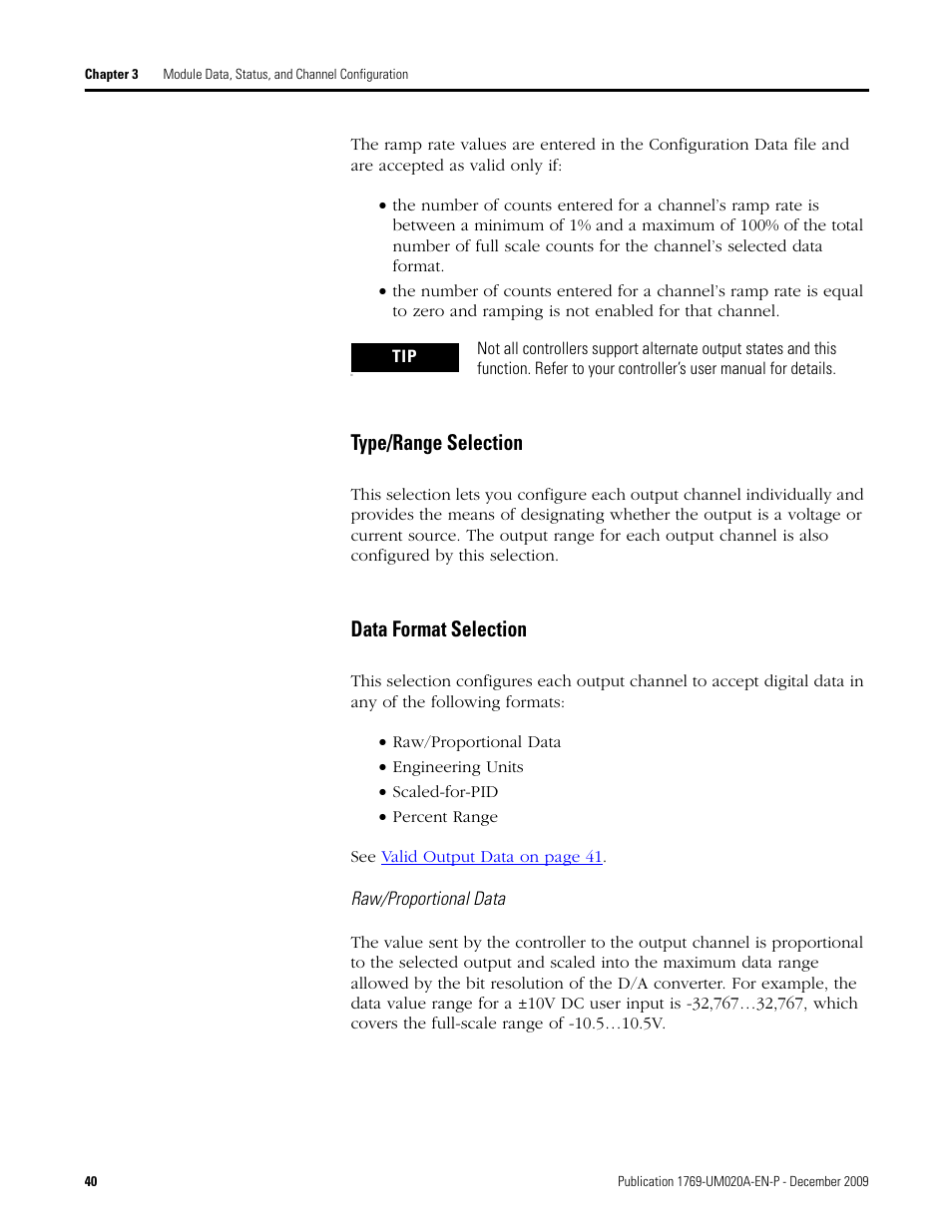 Type/range selection data format selection, Type/range selection, Data format selection | Rockwell Automation 1769-OF4 Compact Analog Output Module User Manual | Page 40 / 76