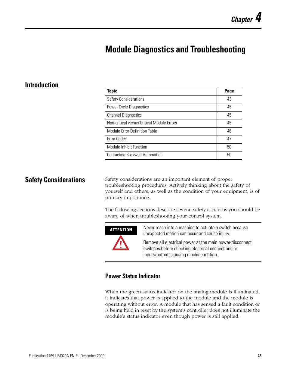 4 - module diagnostics and troubleshooting, Introduction, Safety considerations | Chapter 4, Module diagnostics and troubleshooting, Introduction safety considerations, Power status indicator, Chapter | Rockwell Automation 1769-OF4 Compact Analog Output Module User Manual | Page 43 / 76