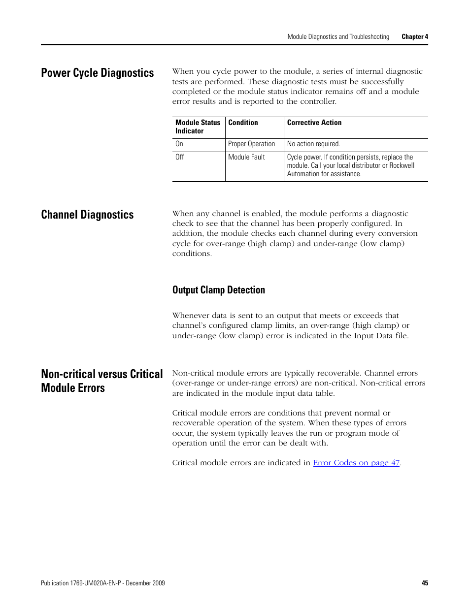 Power cycle diagnostics, Channel diagnostics, Non-critical versus critical module errors | Power cycle diagnostics channel diagnostics, Output clamp detection | Rockwell Automation 1769-OF4 Compact Analog Output Module User Manual | Page 45 / 76