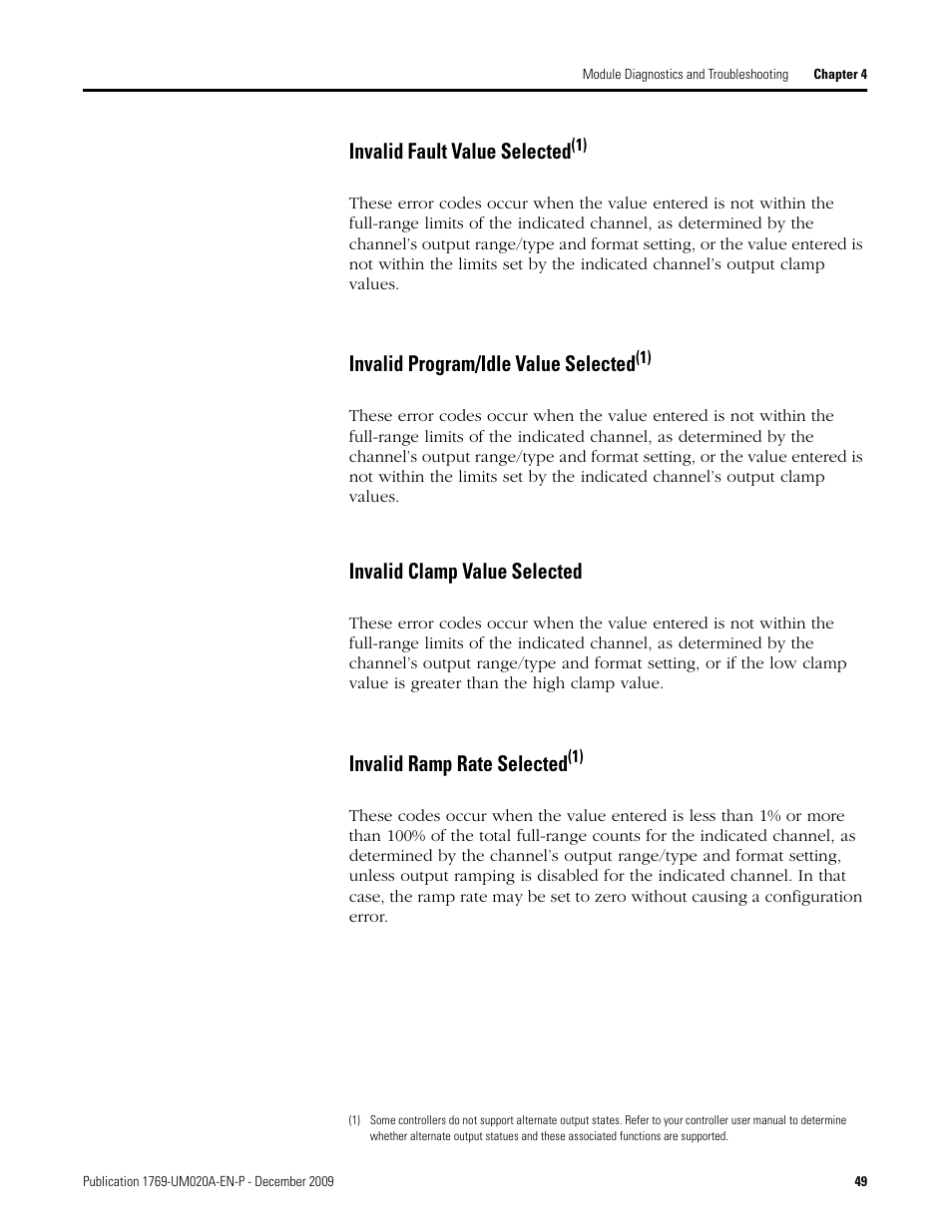 Invalid fault value selected, Invalid program/idle va lue selected, Invalid clamp value selected | Invalid ramp rate selected | Rockwell Automation 1769-OF4 Compact Analog Output Module User Manual | Page 49 / 76