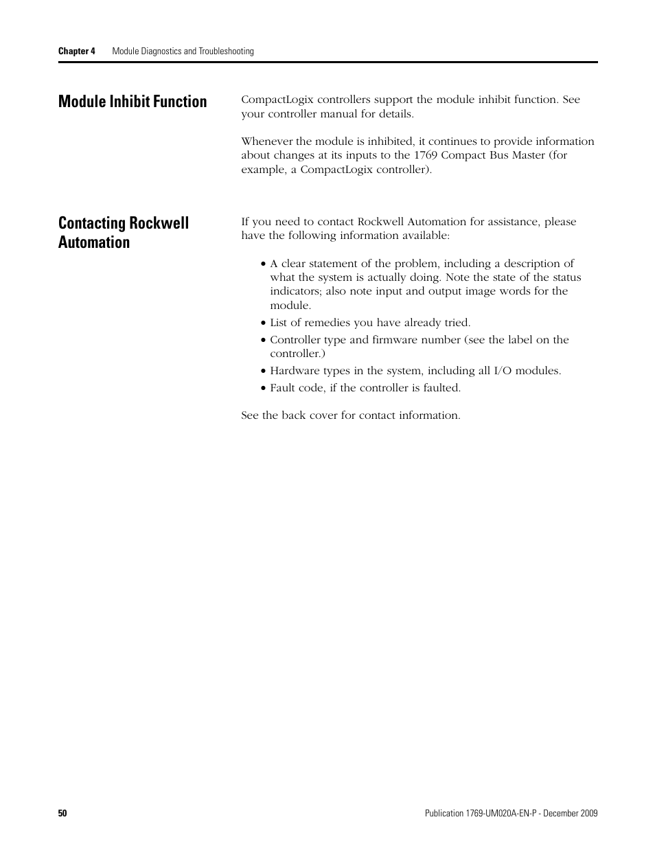 Module inhibit function, Contacting rockwell automation | Rockwell Automation 1769-OF4 Compact Analog Output Module User Manual | Page 50 / 76