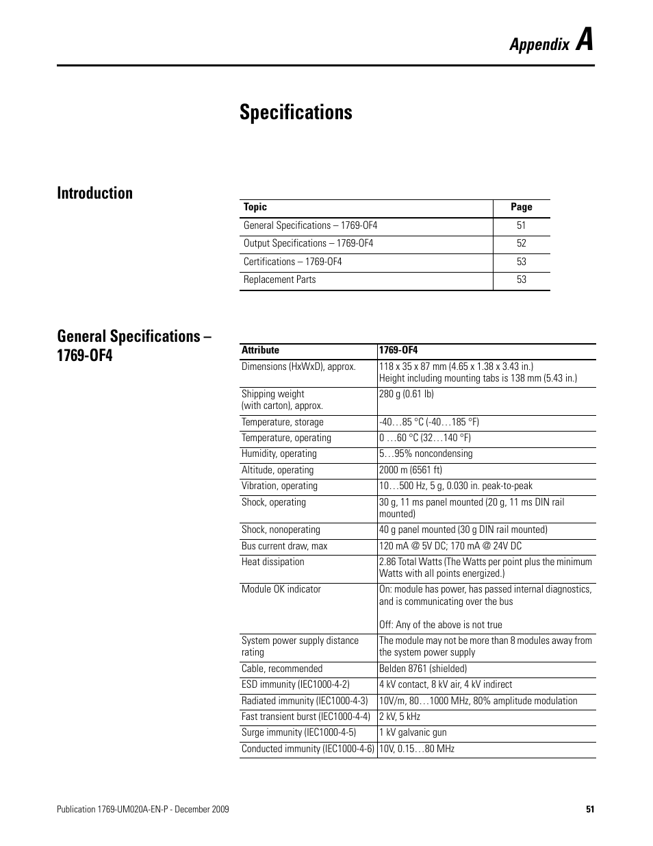 A - specifications, Introduction, General specifications – 1769-of4 | Appendix a, Specifications, Introduction general specifications – 1769-of4, Appendix | Rockwell Automation 1769-OF4 Compact Analog Output Module User Manual | Page 51 / 76
