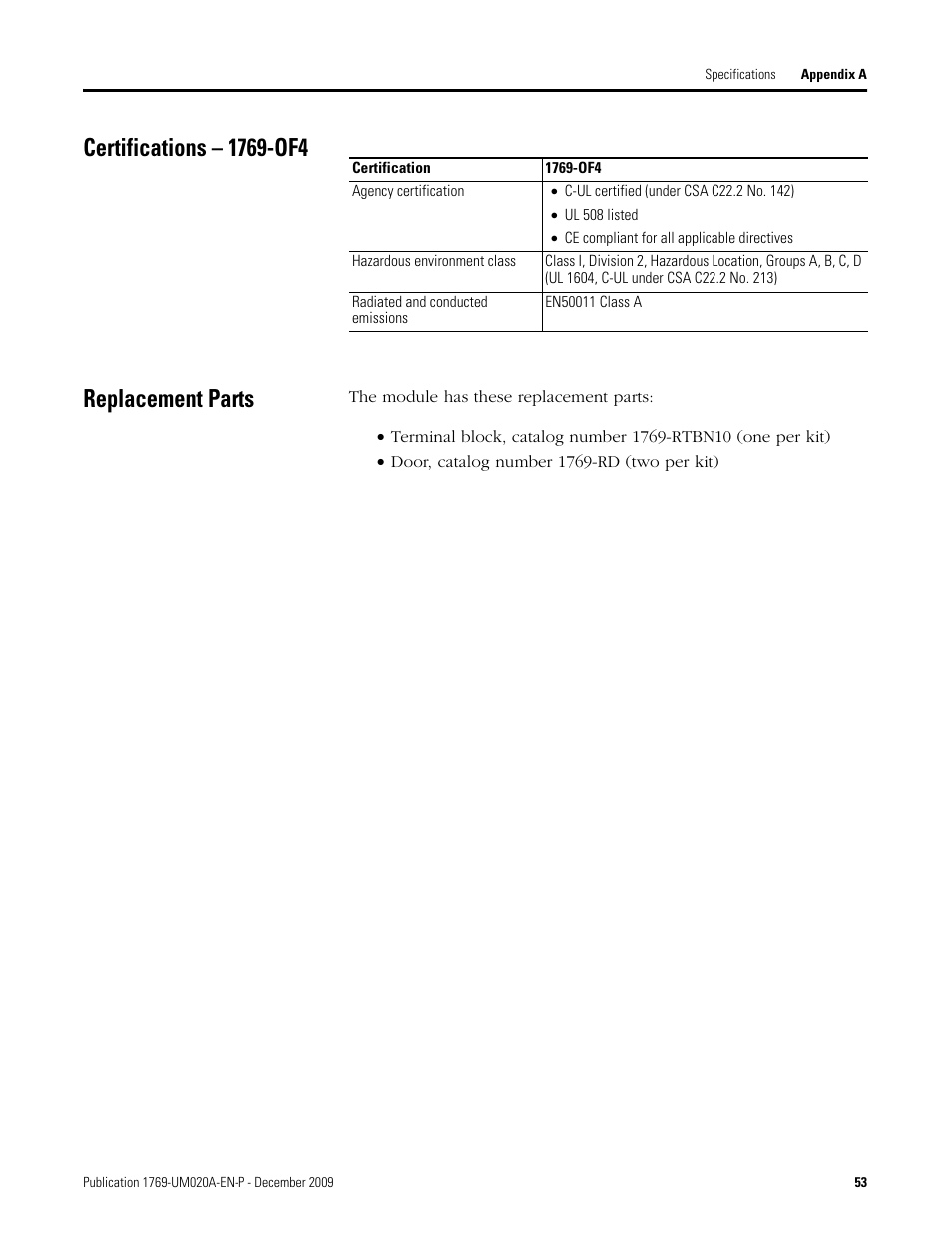 Certifications – 1769-of4, Replacement parts, Certifications – 1769-of4 replacement parts | Rockwell Automation 1769-OF4 Compact Analog Output Module User Manual | Page 53 / 76