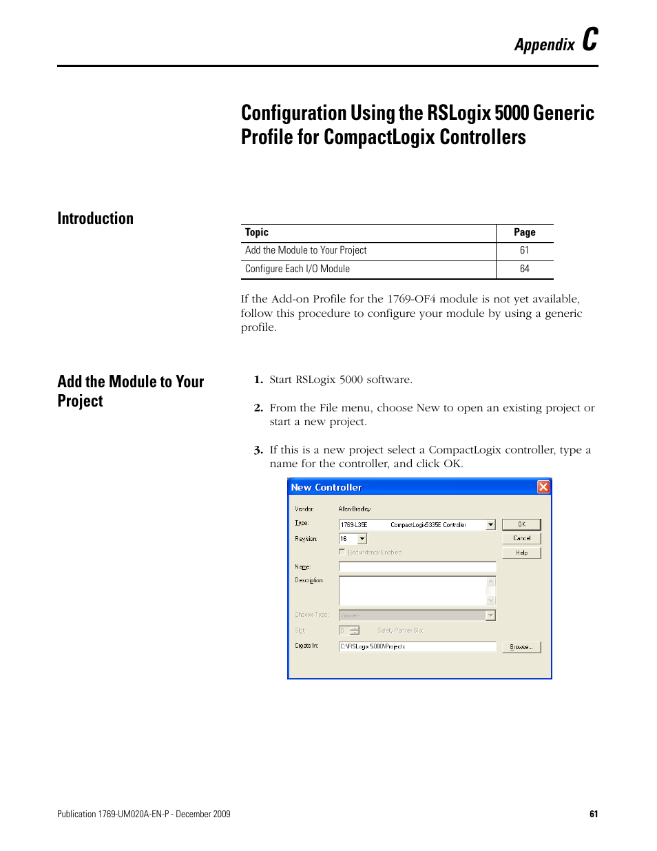 Introduction, Add the module to your project, Appendix c | Introduction add the module to your project, Appendix | Rockwell Automation 1769-OF4 Compact Analog Output Module User Manual | Page 61 / 76