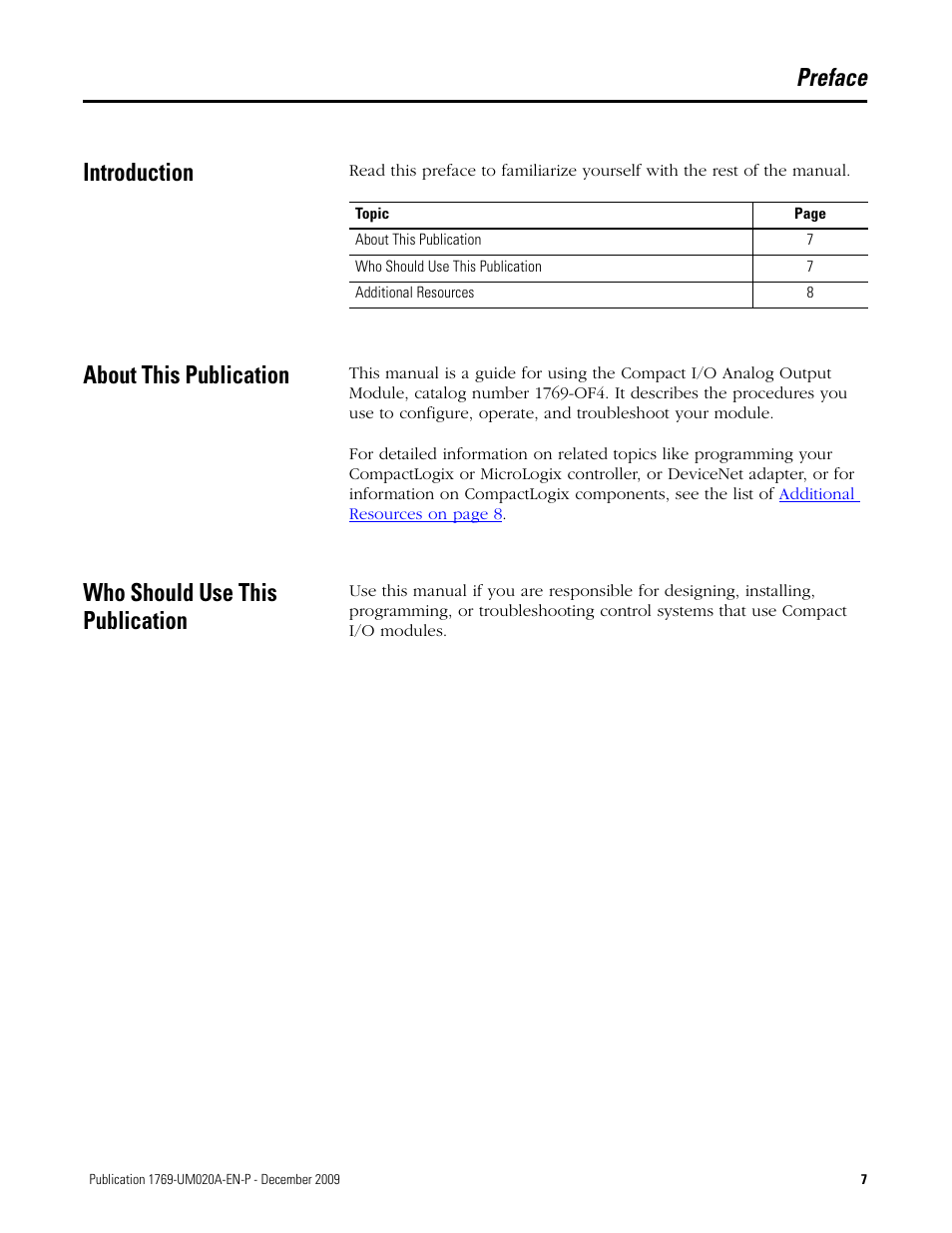 Preface, Introduction, About this publication | Who should use this publication, Preface introduction | Rockwell Automation 1769-OF4 Compact Analog Output Module User Manual | Page 7 / 76