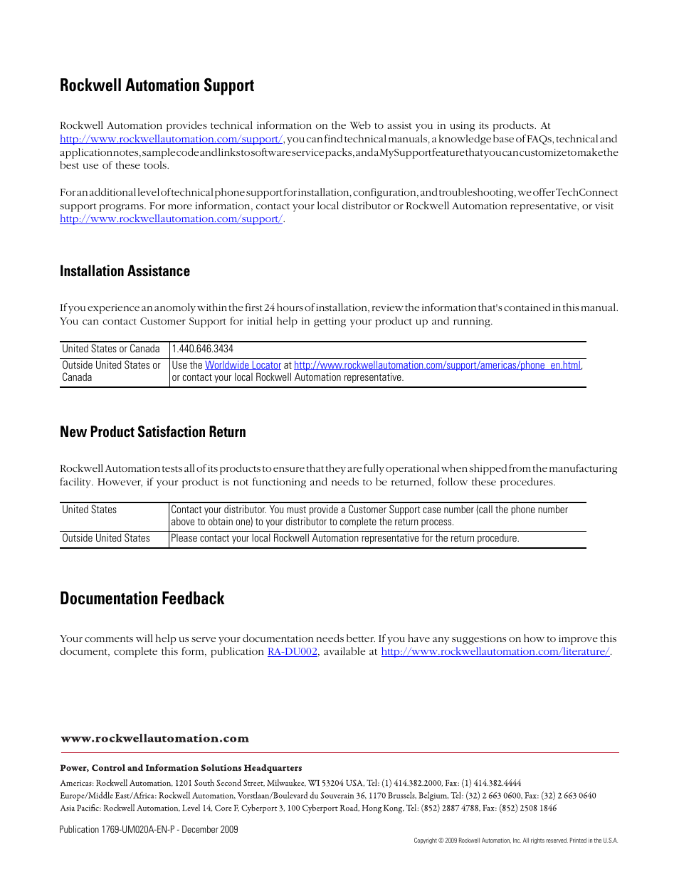 Back cover, Rockwell automation support, Documentation feedback | Installation assistance, New product satisfaction return | Rockwell Automation 1769-OF4 Compact Analog Output Module User Manual | Page 76 / 76