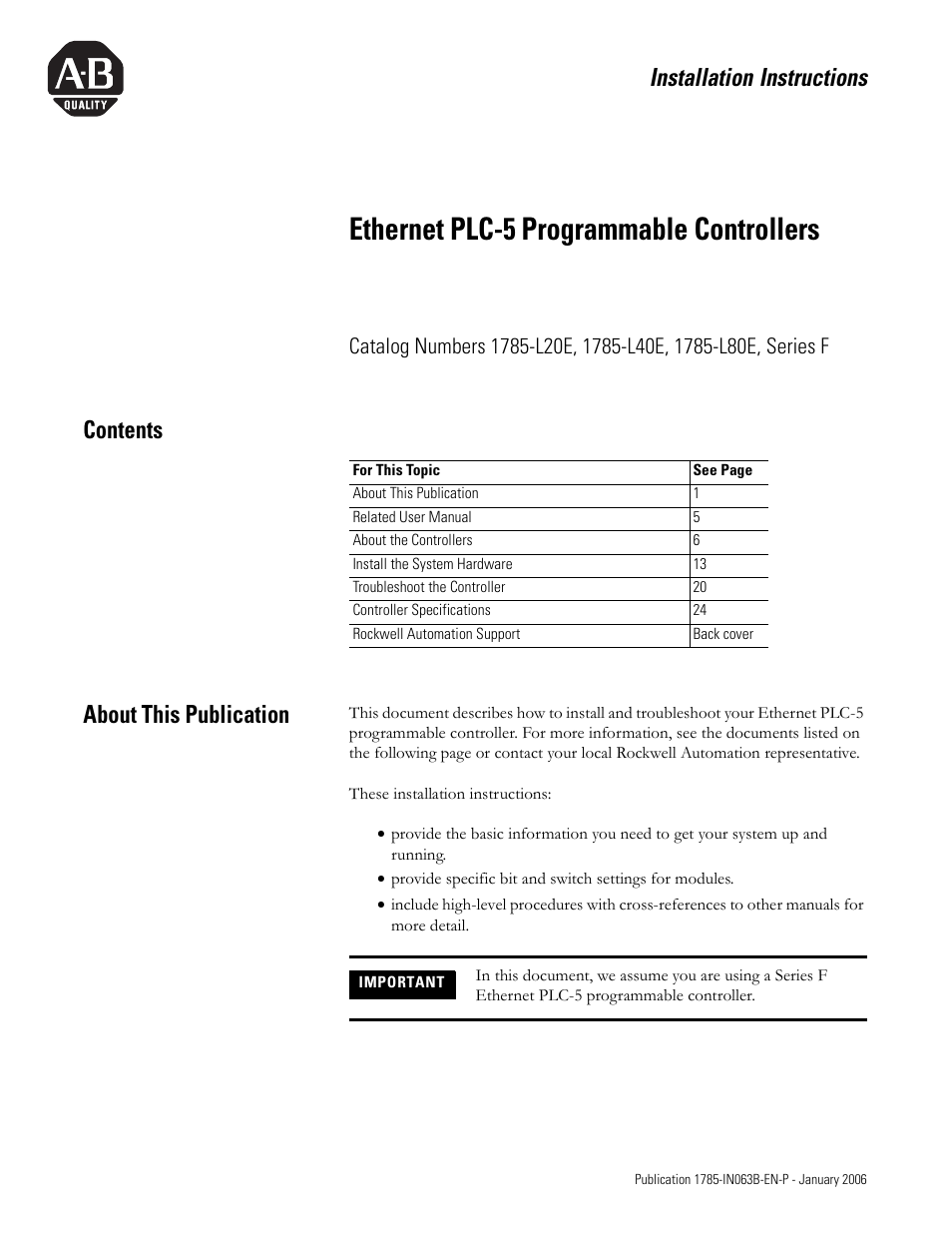 Rockwell Automation 1785-Lx0E Ethernet PLC-5 Programmable Controllers Installation Instructions User Manual | 28 pages