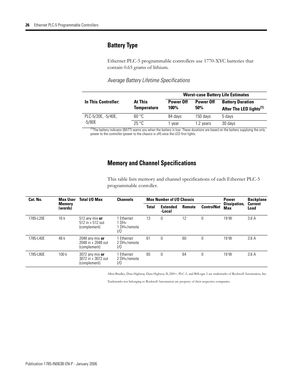 Battery type, Average battery lifetime specifications | Rockwell Automation 1785-Lx0E Ethernet PLC-5 Programmable Controllers Installation Instructions User Manual | Page 26 / 28