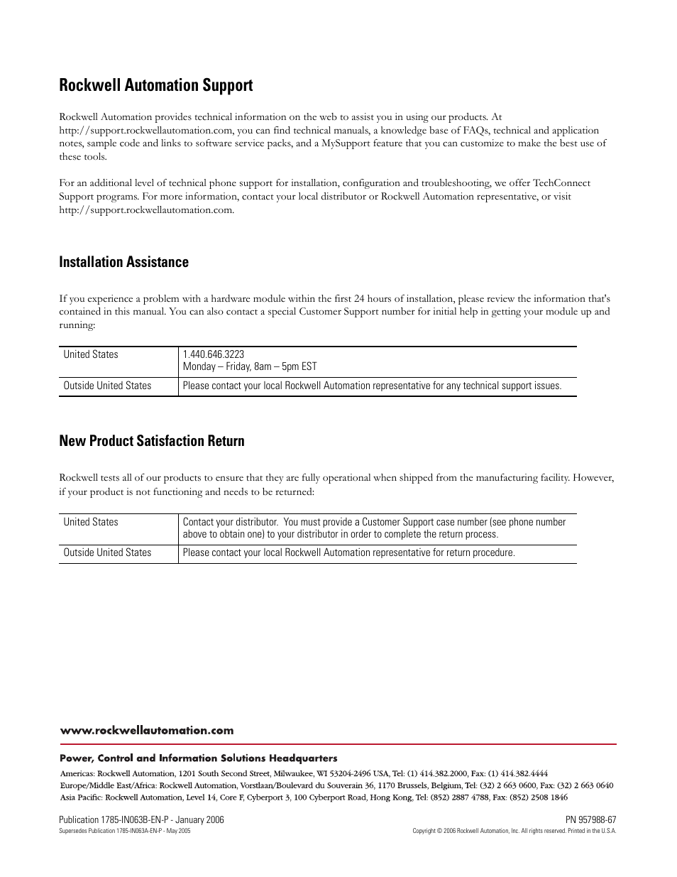 Back cover, Rockwell automation support, Installation assistance | New product satisfaction return | Rockwell Automation 1785-Lx0E Ethernet PLC-5 Programmable Controllers Installation Instructions User Manual | Page 28 / 28