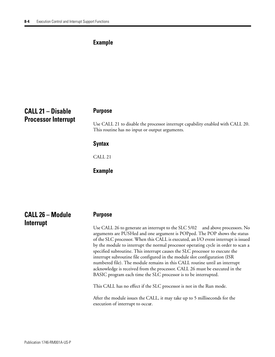 Call 21 – disable processor interrupt, Call 26 – module interrupt, Example | Purpose, Syntax | Rockwell Automation 1746-BAS BASIC LANGUAGE User Manual | Page 100 / 280