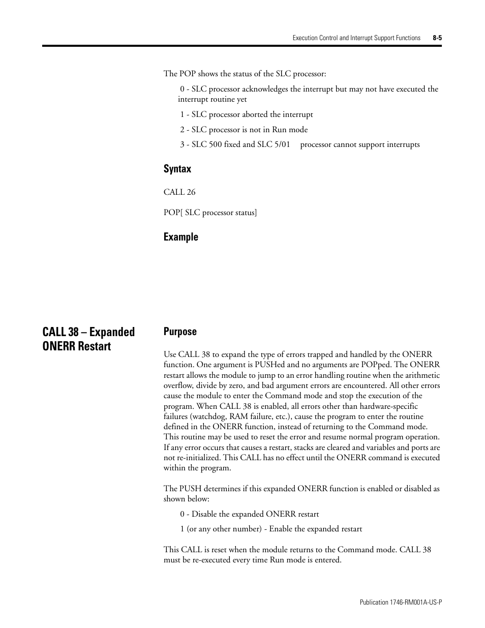 Call 38 – expanded onerr restart, Call 38 – expanded onerr restart -5, Syntax | Example, Purpose | Rockwell Automation 1746-BAS BASIC LANGUAGE User Manual | Page 101 / 280