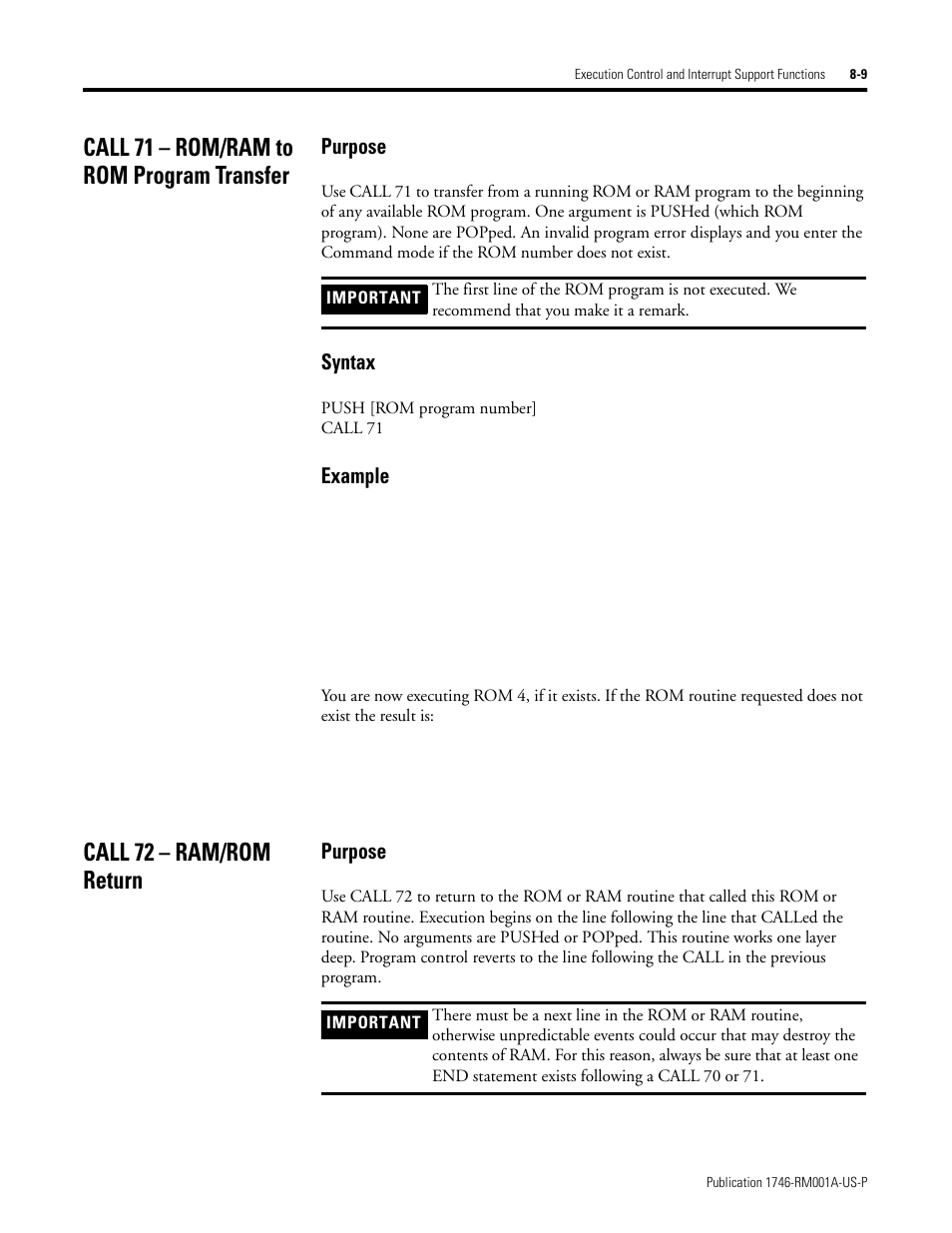 Call 71 – rom/ram to rom program transfer, Call 72 – ram/rom return, Purpose | Syntax, Example | Rockwell Automation 1746-BAS BASIC LANGUAGE User Manual | Page 105 / 280