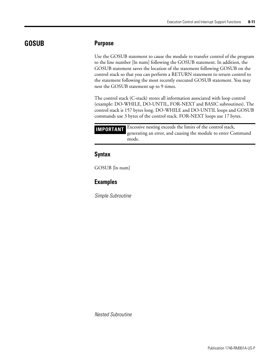 Gosub, Gosub -11, Purpose | Syntax, Examples, Simple subroutine, Nested subroutine | Rockwell Automation 1746-BAS BASIC LANGUAGE User Manual | Page 107 / 280