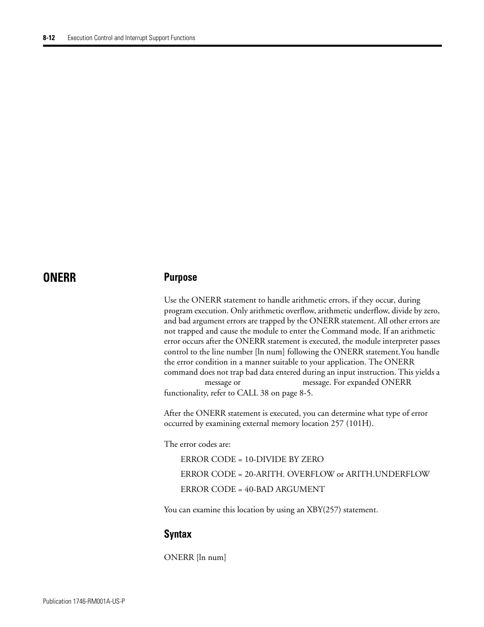 Onerr, Onerr -12, Purpose | Syntax | Rockwell Automation 1746-BAS BASIC LANGUAGE User Manual | Page 108 / 280