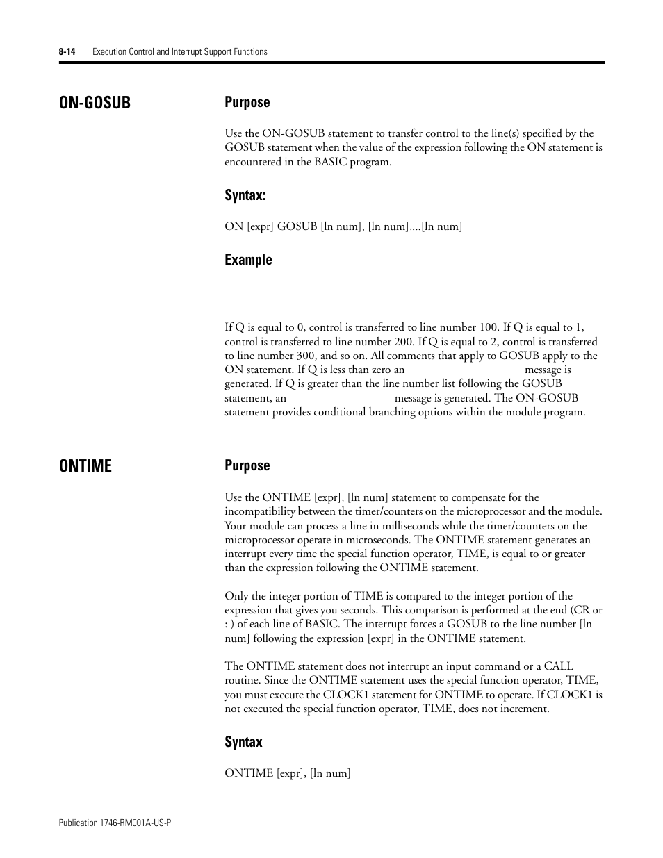 On-gosub, Ontime, On-gosub -14 ontime -14 | Purpose, Syntax, Example | Rockwell Automation 1746-BAS BASIC LANGUAGE User Manual | Page 110 / 280