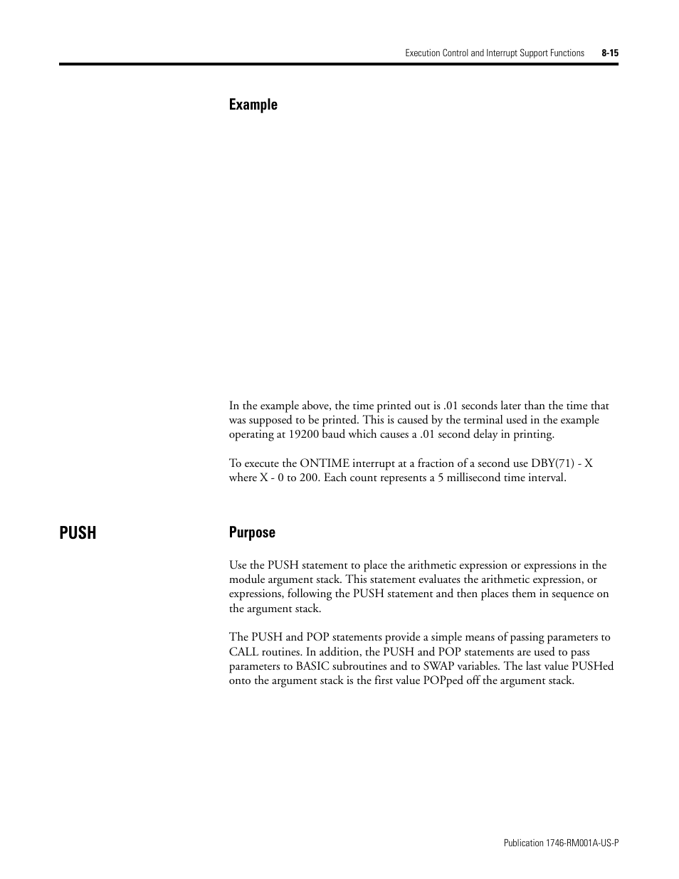 Push, Push -15, Example | Purpose | Rockwell Automation 1746-BAS BASIC LANGUAGE User Manual | Page 111 / 280