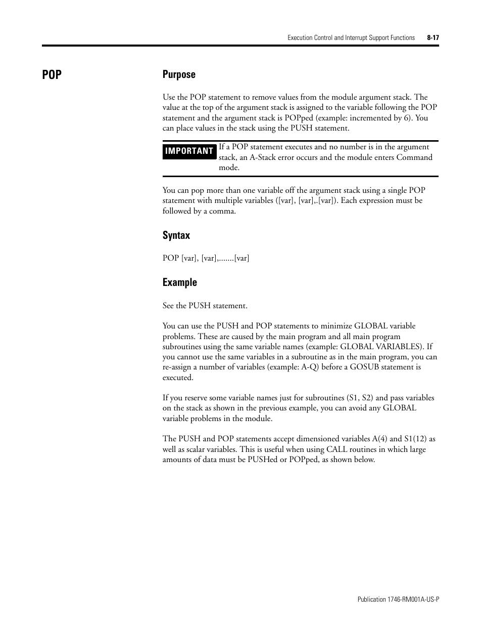 Pop -17, Purpose, Syntax | Example | Rockwell Automation 1746-BAS BASIC LANGUAGE User Manual | Page 113 / 280