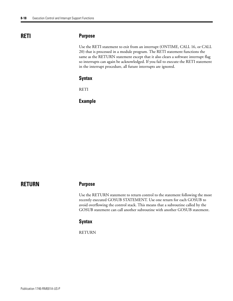 Reti, Return, Reti -18 return -18 | Purpose, Syntax, Example | Rockwell Automation 1746-BAS BASIC LANGUAGE User Manual | Page 114 / 280