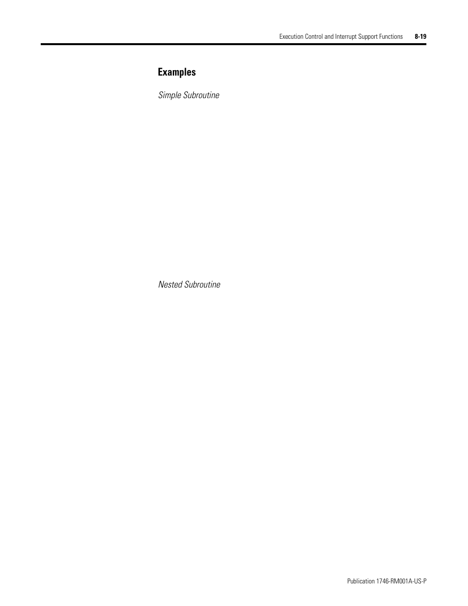 Examples, Simple subroutine, Nested subroutine | Rockwell Automation 1746-BAS BASIC LANGUAGE User Manual | Page 115 / 280