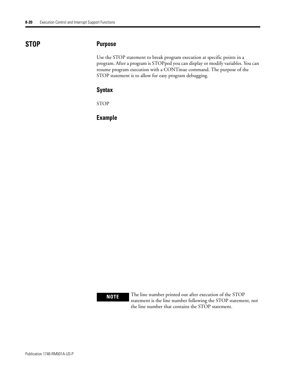Stop, Stop -20, Purpose | Syntax, Example | Rockwell Automation 1746-BAS BASIC LANGUAGE User Manual | Page 116 / 280