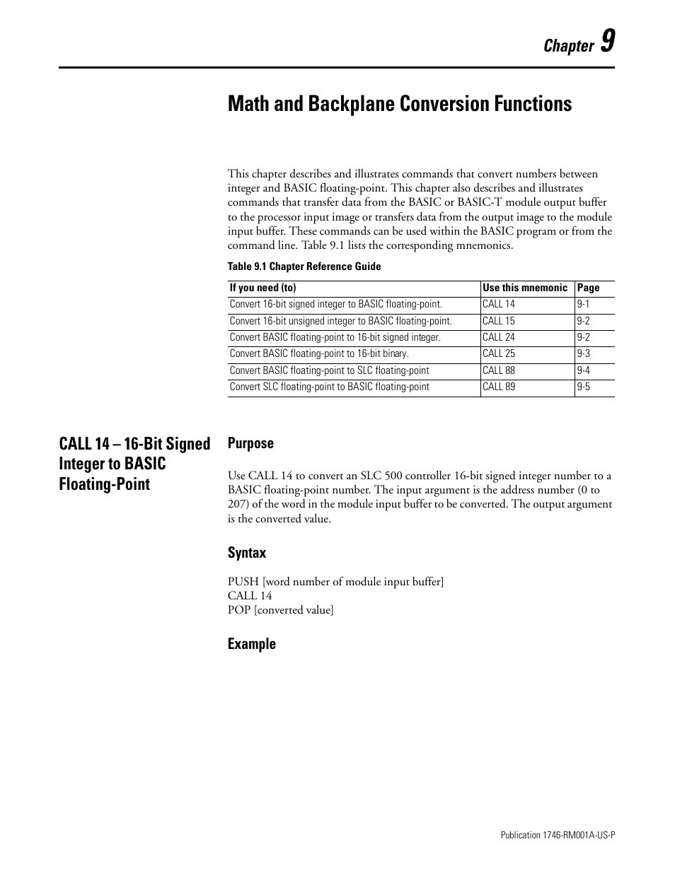 Math and backplane conversion functions, Chapter 9, Chapter | Purpose, Syntax, Example | Rockwell Automation 1746-BAS BASIC LANGUAGE User Manual | Page 117 / 280