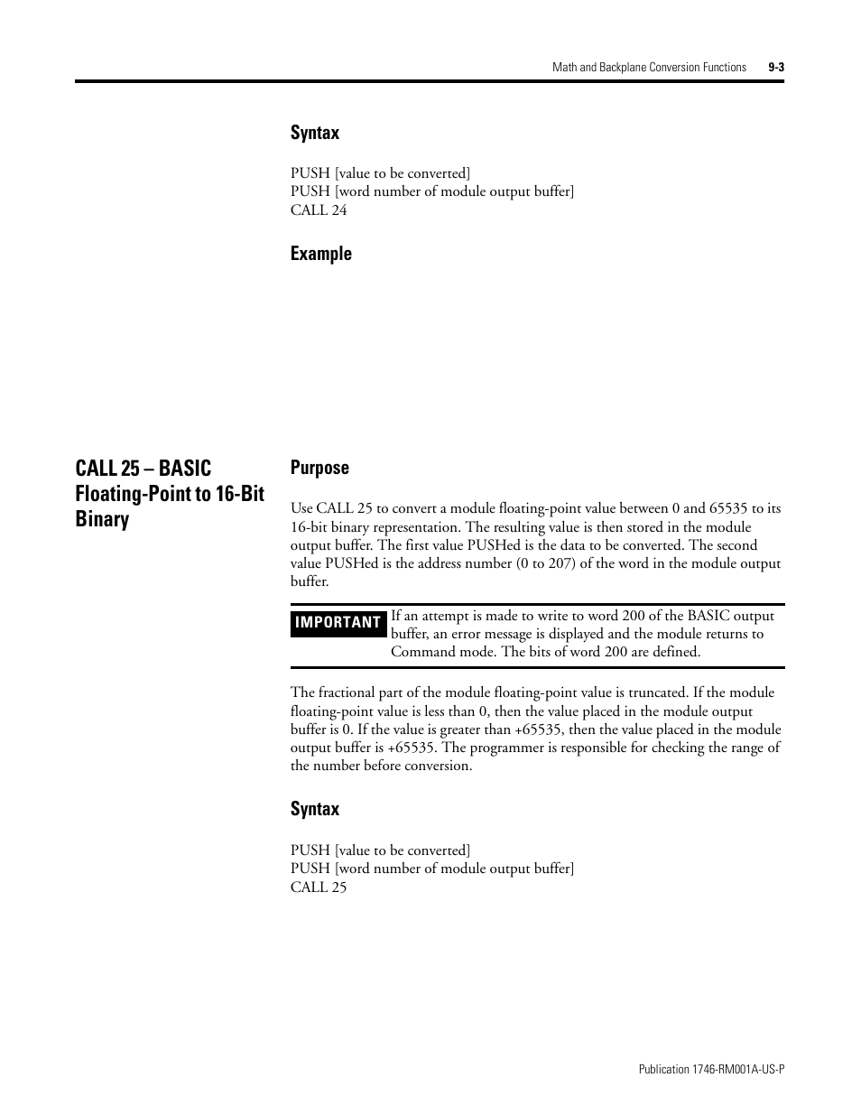 Call 25 – basic floating-point to 16-bit binary, Call 25 – basic floating-point to 16-bit binary -3, Syntax | Example, Purpose | Rockwell Automation 1746-BAS BASIC LANGUAGE User Manual | Page 119 / 280