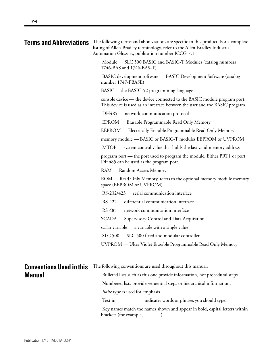 Terms and abbreviations, Conventions used in this manual | Rockwell Automation 1746-BAS BASIC LANGUAGE User Manual | Page 12 / 280