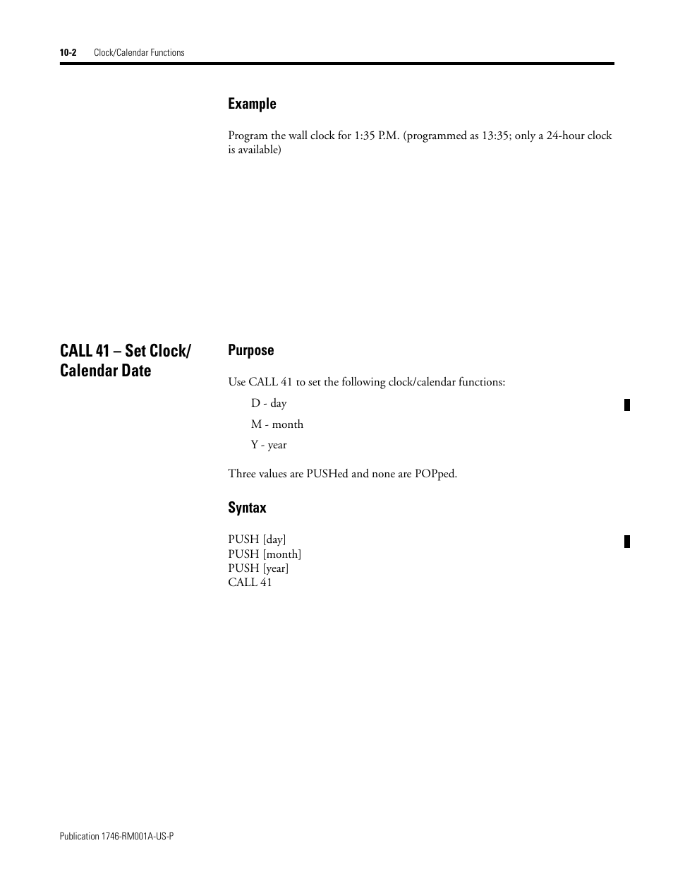 Call 41 – set clock/ calendar date, Call 41 – set clock/calendar date -2, Example | Purpose, Syntax | Rockwell Automation 1746-BAS BASIC LANGUAGE User Manual | Page 124 / 280
