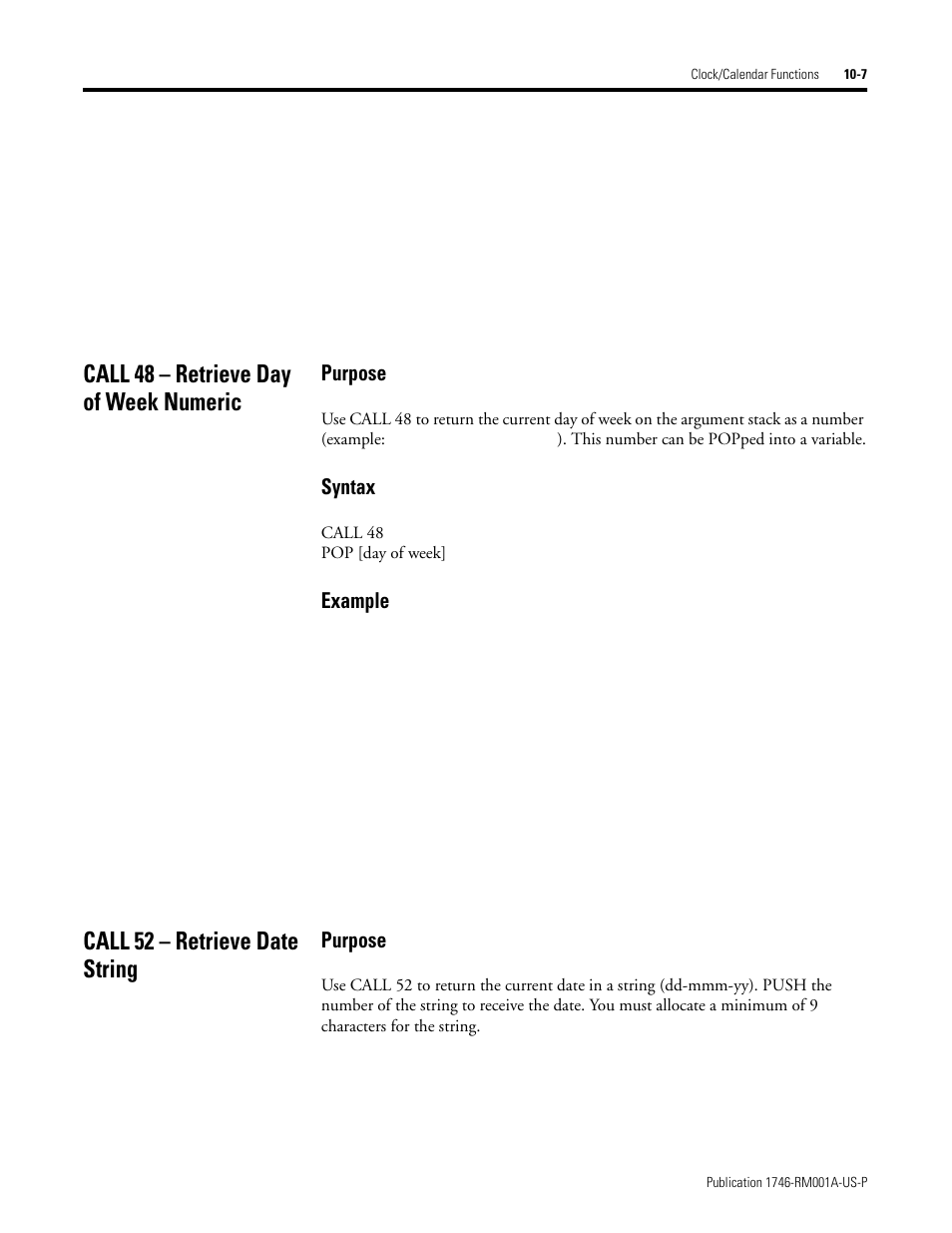 Call 48 – retrieve day of week numeric, Call 52 – retrieve date string, Purpose | Syntax, Example | Rockwell Automation 1746-BAS BASIC LANGUAGE User Manual | Page 129 / 280