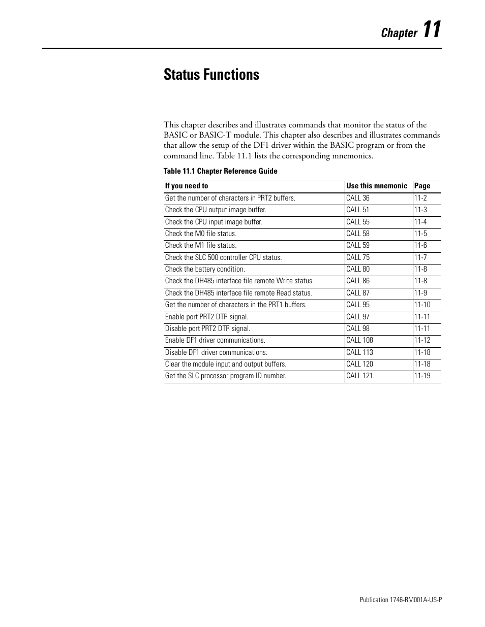 Status functions, Chapter 11, Chapter | Rockwell Automation 1746-BAS BASIC LANGUAGE User Manual | Page 131 / 280