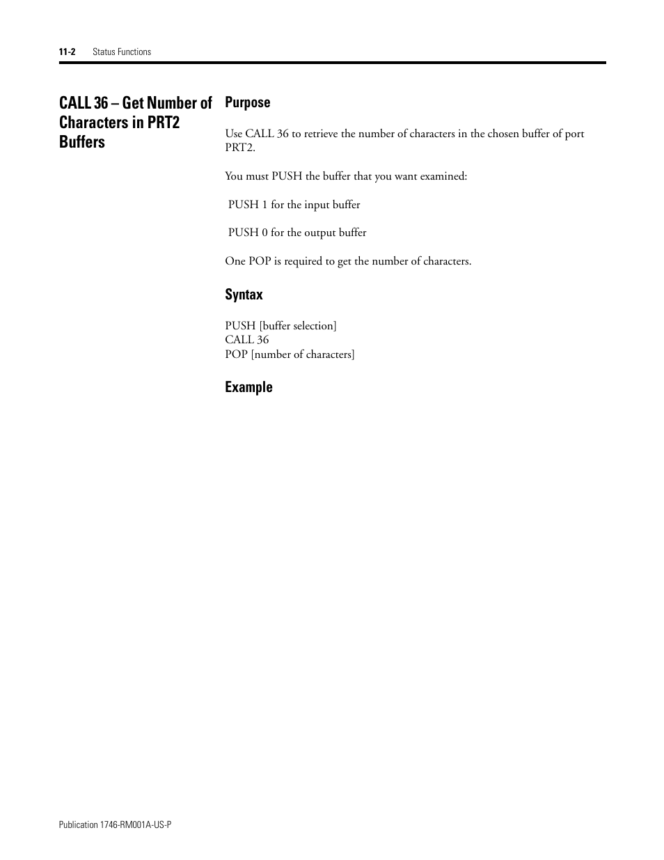 Call 36 – get number of characters in prt2 buffers, Purpose, Syntax | Example | Rockwell Automation 1746-BAS BASIC LANGUAGE User Manual | Page 132 / 280