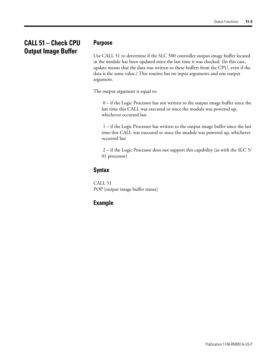 Call 51 – check cpu output image buffer, Call 51 – check cpu output image buffer -3, Purpose | Syntax, Example | Rockwell Automation 1746-BAS BASIC LANGUAGE User Manual | Page 133 / 280