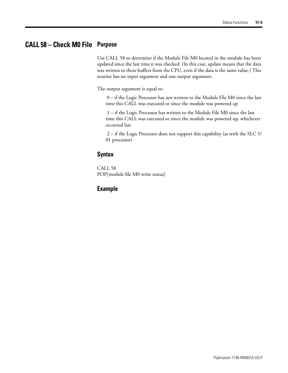Call 58 – check m0 file, Call 58 – check m0 file -5, Purpose | Syntax, Example | Rockwell Automation 1746-BAS BASIC LANGUAGE User Manual | Page 135 / 280