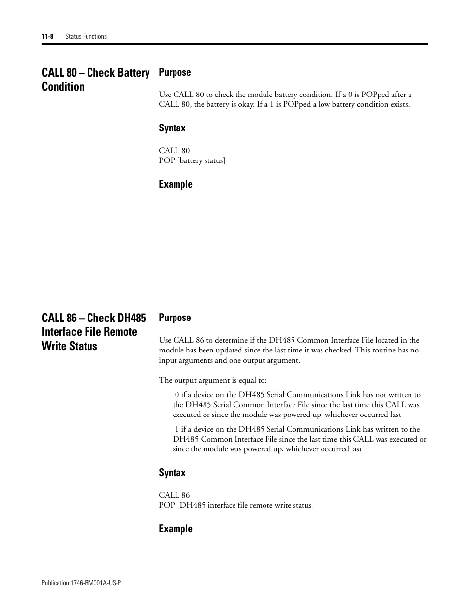 Call 80 – check battery condition, Purpose, Syntax | Example | Rockwell Automation 1746-BAS BASIC LANGUAGE User Manual | Page 138 / 280