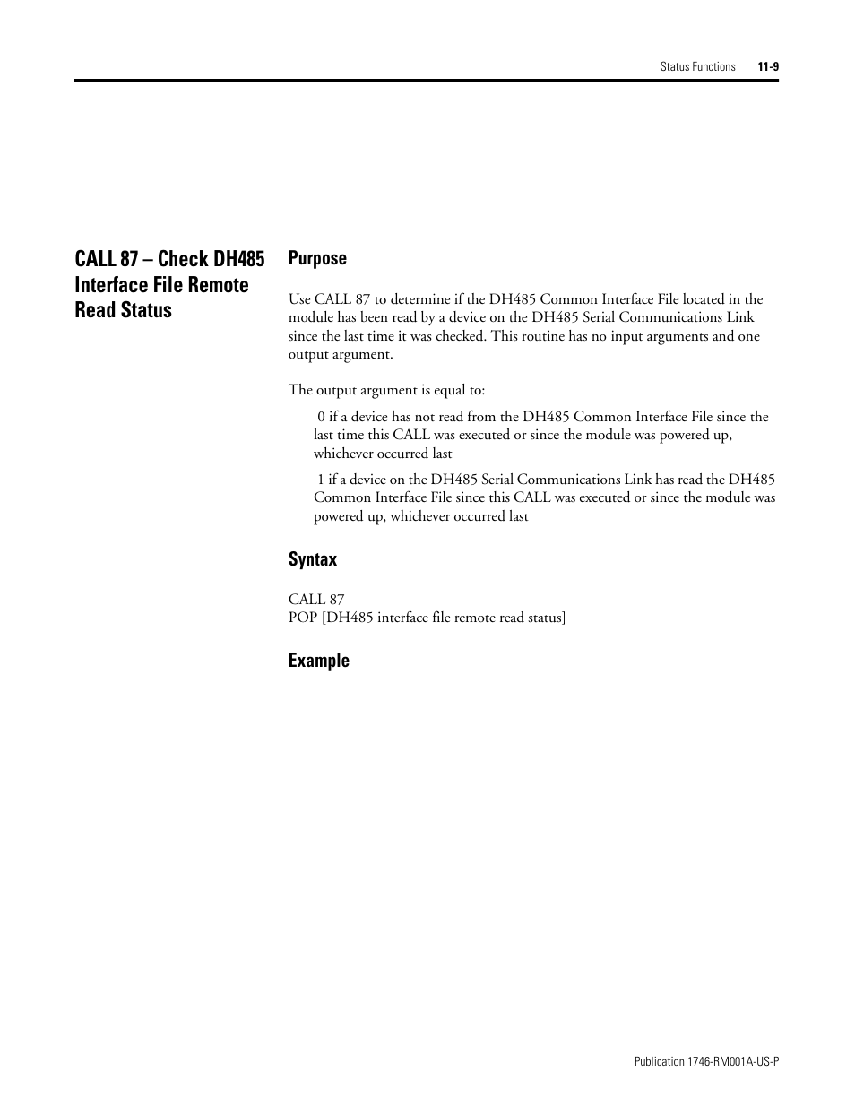 Purpose, Syntax, Example | Rockwell Automation 1746-BAS BASIC LANGUAGE User Manual | Page 139 / 280