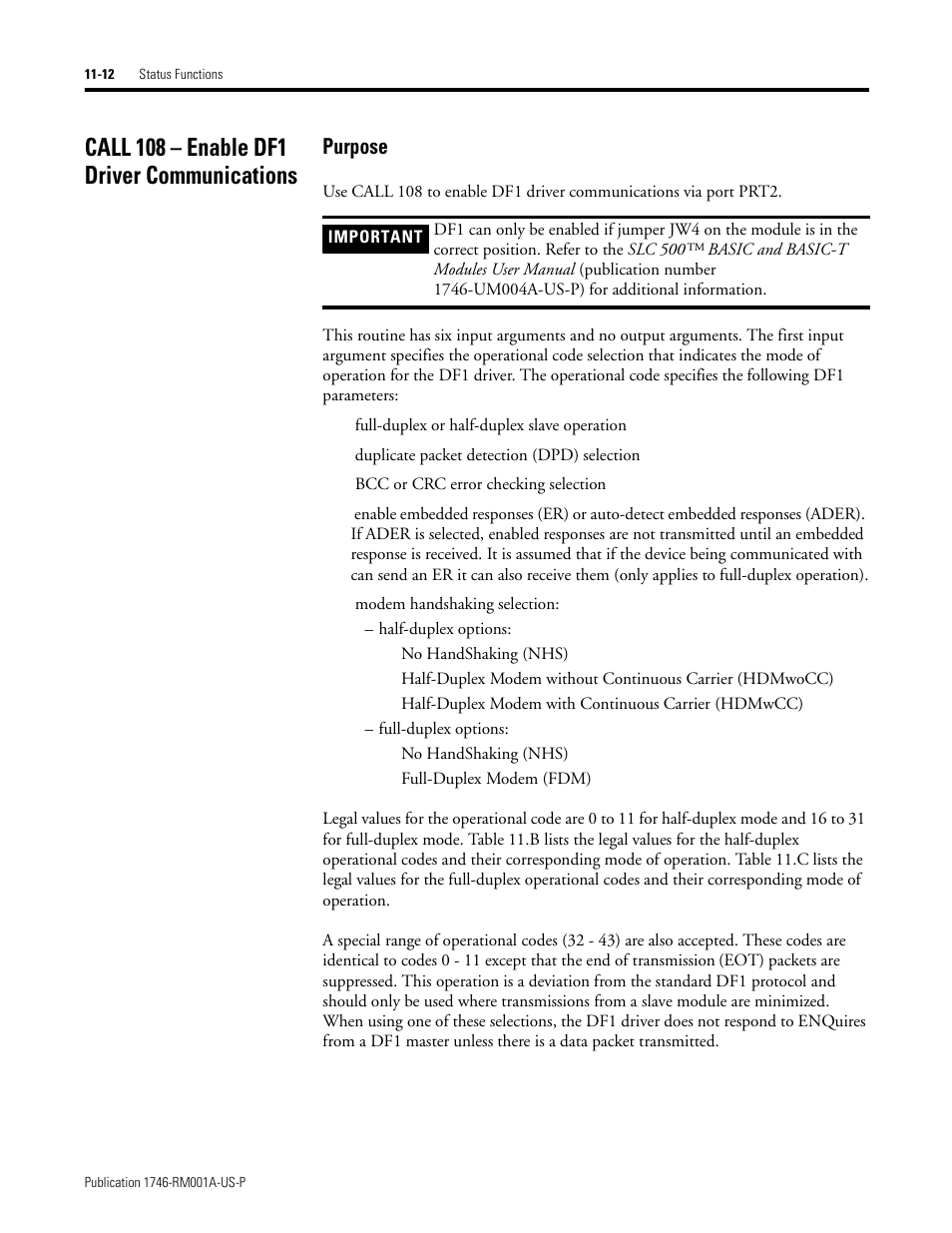 Call 108 – enable df1 driver communications, Call 108 – enable df1 driver communications -12, Purpose | Rockwell Automation 1746-BAS BASIC LANGUAGE User Manual | Page 142 / 280