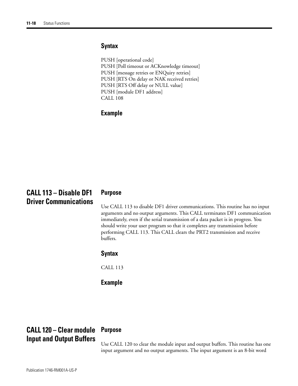 Call 113 – disable df1 driver communications, Call 120 – clear module input and output buffers, Syntax | Example, Purpose | Rockwell Automation 1746-BAS BASIC LANGUAGE User Manual | Page 148 / 280