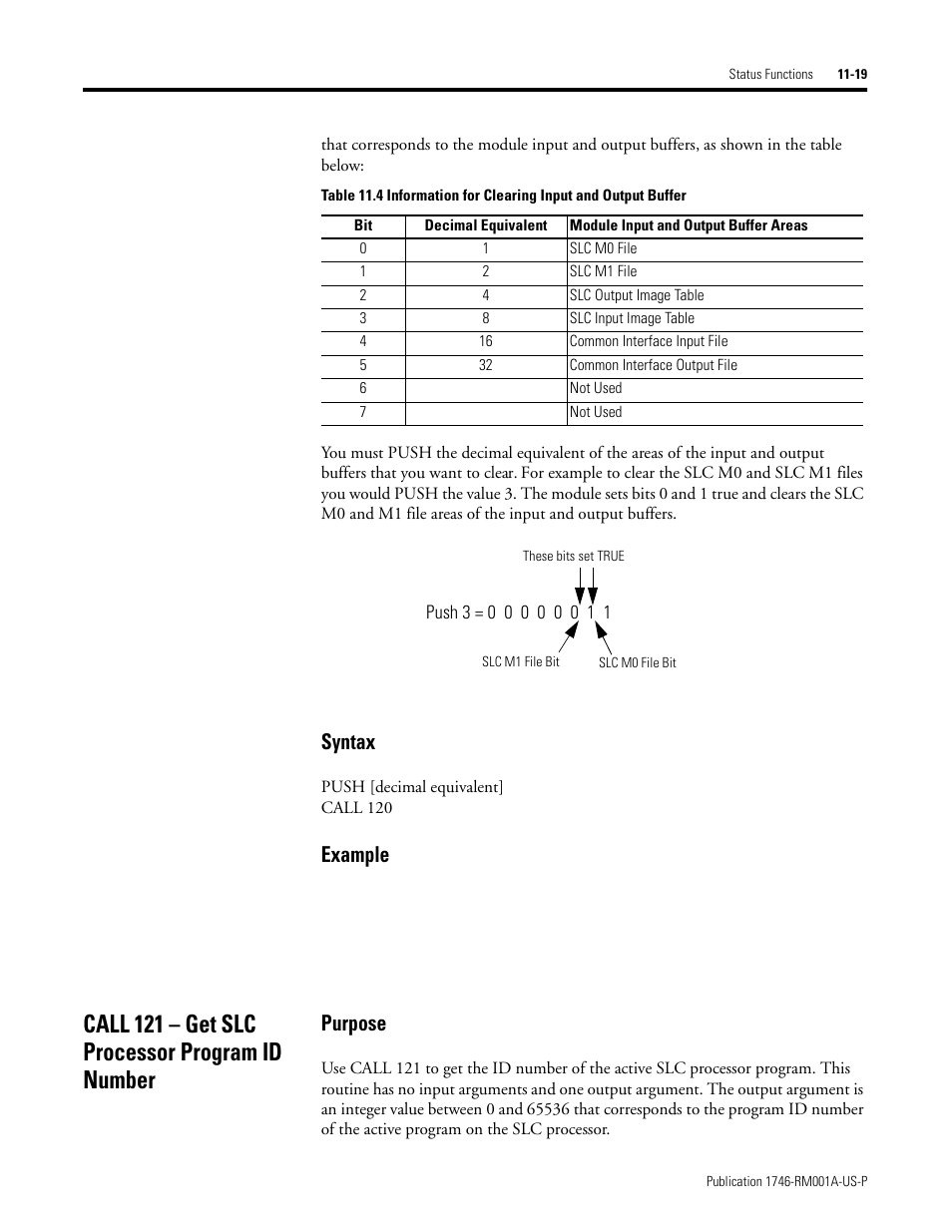 Call 121 – get slc processor program id number, Call 121 – get slc processor program id number -19, Syntax | Example, Purpose | Rockwell Automation 1746-BAS BASIC LANGUAGE User Manual | Page 149 / 280