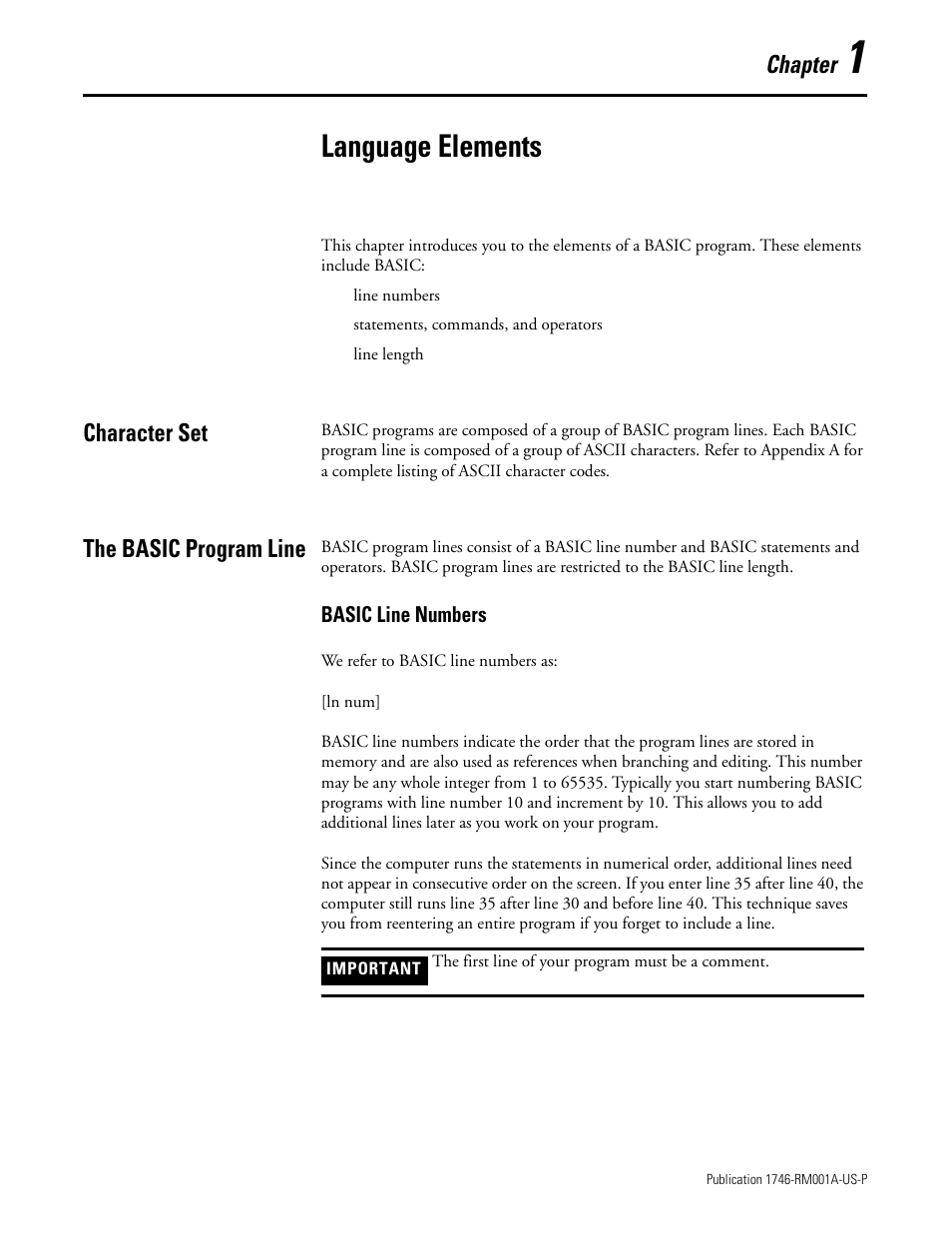 Language elements, Character set, The basic program line | Chapter 1, Character set -1 the basic program line -1, Chapter | Rockwell Automation 1746-BAS BASIC LANGUAGE User Manual | Page 15 / 280