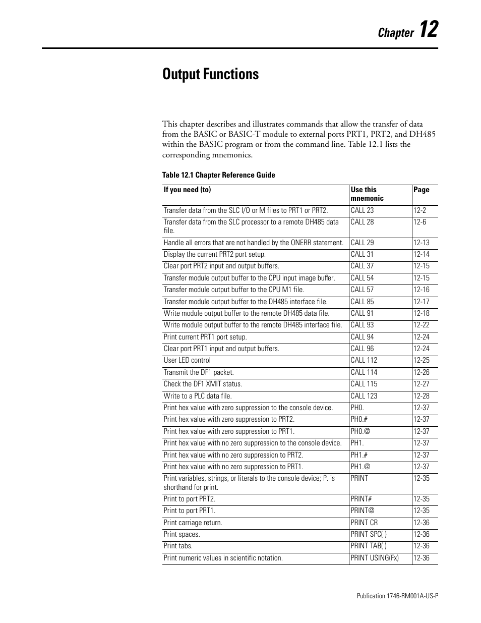 Output functions, Chapter 12, Chapter | Rockwell Automation 1746-BAS BASIC LANGUAGE User Manual | Page 151 / 280