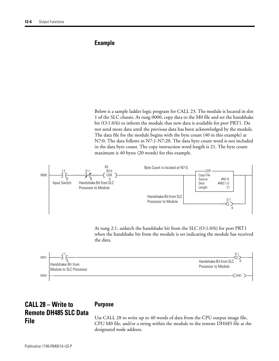 Call 28 – write to remote dh485 slc data file, Call 28 – write to remote dh485 slc data file -6, Example | Purpose | Rockwell Automation 1746-BAS BASIC LANGUAGE User Manual | Page 156 / 280