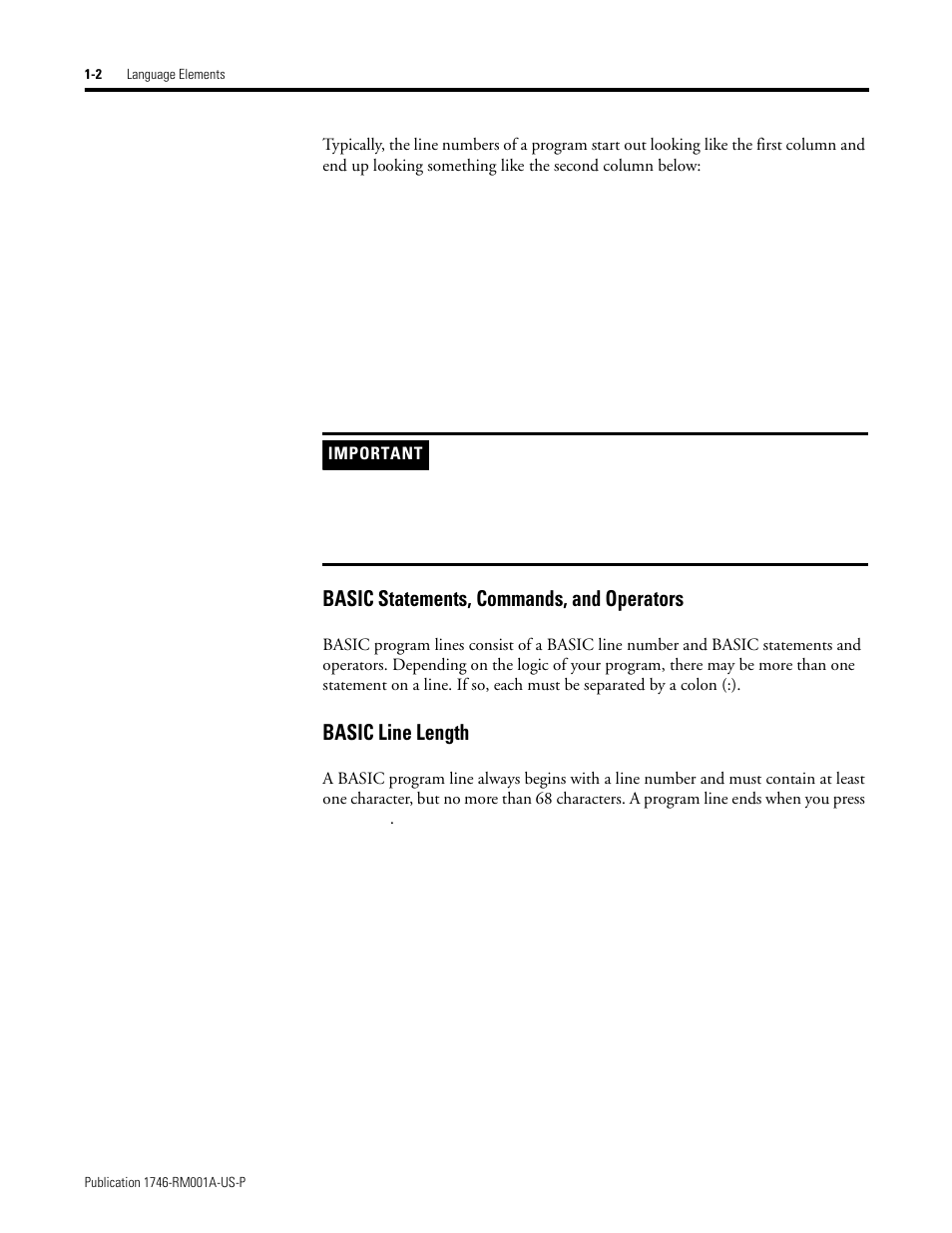 Basic statements, commands, and operators, Basic line length | Rockwell Automation 1746-BAS BASIC LANGUAGE User Manual | Page 16 / 280