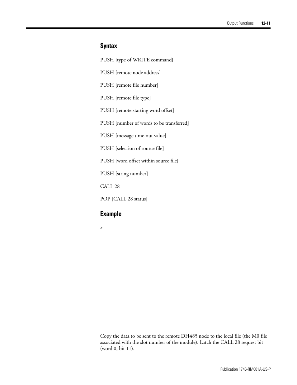 Syntax, Example | Rockwell Automation 1746-BAS BASIC LANGUAGE User Manual | Page 161 / 280