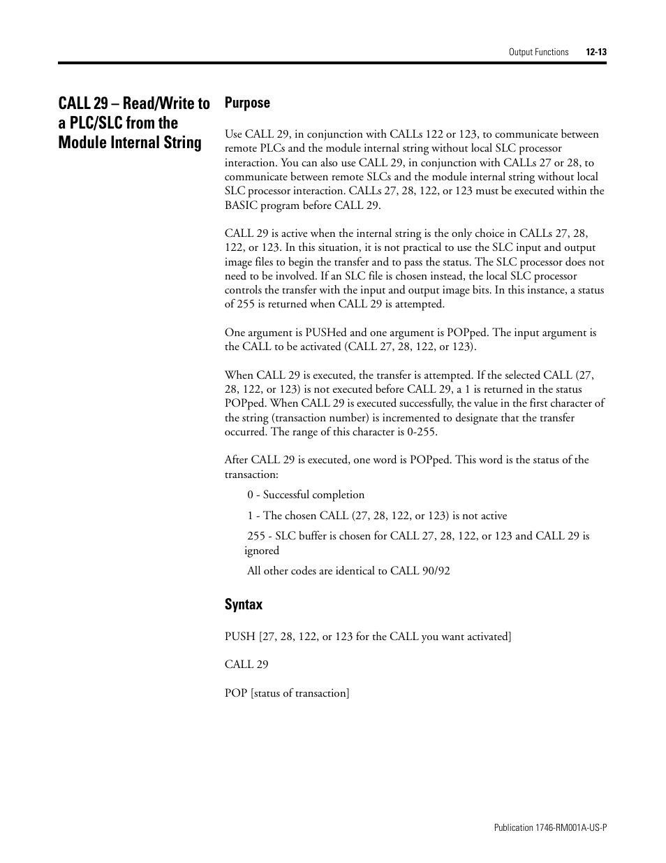 Purpose, Syntax | Rockwell Automation 1746-BAS BASIC LANGUAGE User Manual | Page 163 / 280