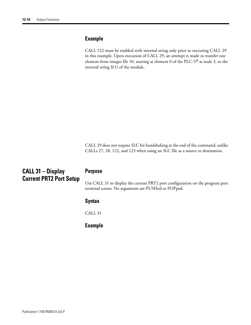 Call 31 – display current prt2 port setup, Call 31 – display current prt2 port setup -14, Example | Purpose, Syntax | Rockwell Automation 1746-BAS BASIC LANGUAGE User Manual | Page 164 / 280