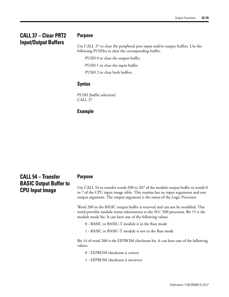 Call 37 – clear prt2 input/output buffers, Purpose, Syntax | Example | Rockwell Automation 1746-BAS BASIC LANGUAGE User Manual | Page 165 / 280