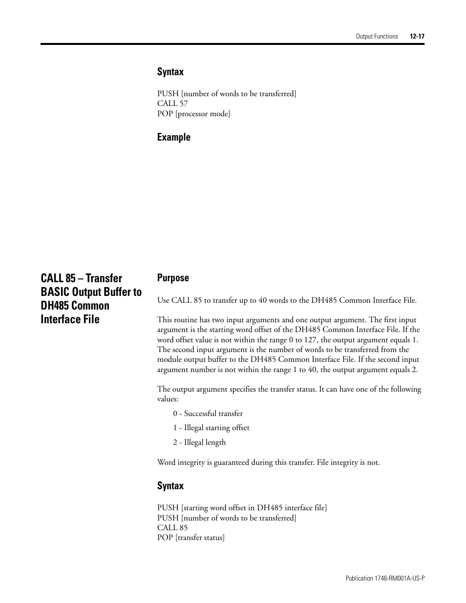 Syntax, Example, Purpose | Rockwell Automation 1746-BAS BASIC LANGUAGE User Manual | Page 167 / 280